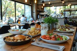 A table setting in a cafe with a variety of salads and a burger photo