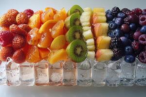 Assorted Fruits and Berries in a Glass Container with Ice Cubes photo