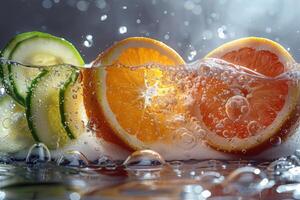 Citrus and Cucumber Slices Submerged in Sparkling Water photo