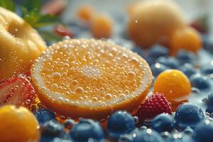 Close-up of an Orange Slice in a Bowl of Mixed Fruit with Water Droplets photo