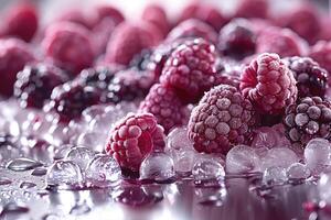 Close-up of Frosted Raspberries and Ice Cubes on a Reflective Surface photo