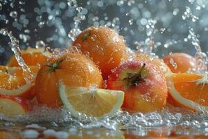 Fresh Citrus Fruits and Apple Splashed with Water photo