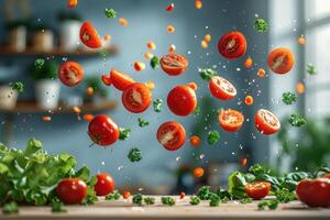 Fresh Tomatoes and Parsley Falling on a Wooden Surface photo