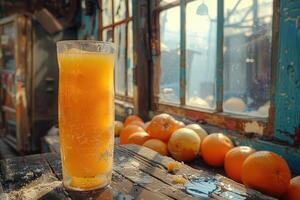 Glass of Orange Juice with Oranges and a Rustic Background photo