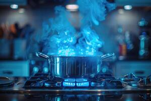 A Pot of Water Boiling on a Gas Stove with Blue Flames photo