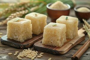 Four Cubes of Sticky Rice on Wooden Cutting Boards photo