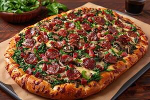Closeup of a Delicious Pepperoni Pizza with Spinach, Mushrooms, and Bacon on a Wooden Table photo