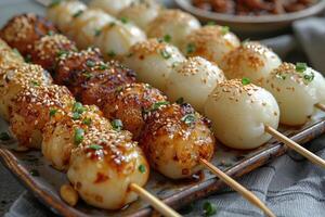 Grilled Mochi Balls Topped with Sesame Seeds and Green Onions photo
