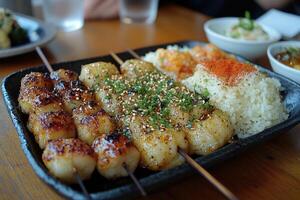 Grilled Mochi Skewers with Sesame Seeds, Green Onions, and Rice photo