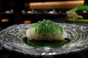 Japanese Sushi topped with Seaweed and Sesame Seeds photo