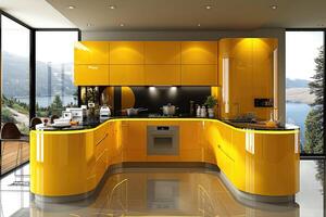 Modern Kitchen with Curved Yellow Cabinets and Lake View photo