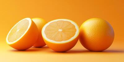 The image presents a vibrant and lifelike display of realistic 3D oranges, highlighting both whole fruits and juicy, fresh slices, all set against a bright and inviting orange background photo