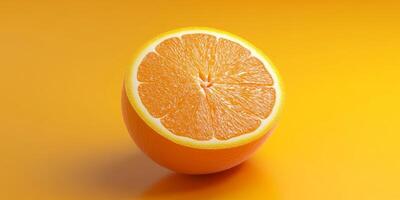 This artwork showcases a vibrant 3D rendering of a juicy orange, highlighting its texture and bright color against a warm yellow backdrop, ideal for fruitrelated graphics or culinary projects photo