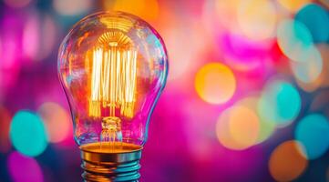 A closeup image features an illuminated Edison bulb with vibrant, swirling bokeh lights, capturing the warmth and vintage charm of a colorful, inviting ambiance filled with atmosphere and creativity photo