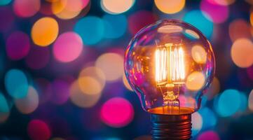 A closeup photograph of an illuminated Edison bulb set against a beautifully vibrant bokeh background highlights the warm glow of the bulb amid a swirl of colorful circles of shining light photo