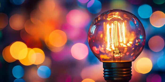 A closeup of a glowing Edison bulb against a vibrant bokeh background highlights its warm light and rich color variations, creating a mesmerizing atmosphere that captivates the viewer photo