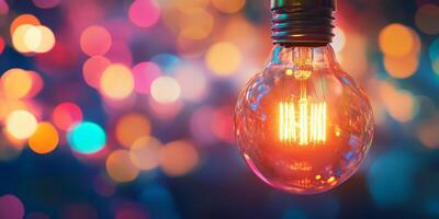 This image shows a glowing Edison light bulb against a colorful bokeh background. Its warm light creates a cozy and inviting atmosphere, enhanced by the artistic blur for a visually striking effect photo