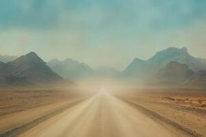 A long gravel road stretches into the horizon, winding through a dry landscape surrounded by mountains, creating a serene yet desolate scene that evokes peace despite evident solitude photo