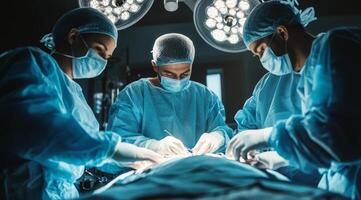 In a stateoftheart operating room, a highly skilled team of dedicated surgeons, donned in scrubs and wearing masks, concentrates intently on performing a complex surgical procedure photo