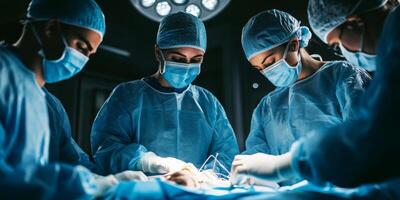 In a highpressure operating room, a focused team of skilled surgeons, in scrubs and masks, collaborates, displaying precision, expertise, and teamwork during an intricate surgery photo