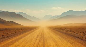 A long, deserted gravel road gently winds its way through an arid landscape, which is flanked on either side by distant, rugged mountains and leading onward toward a beautiful, hazy horizon photo