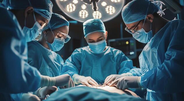 A dedicated and focused team of skilled surgeons, dressed in scrubs, is working diligently and with great precision in an operating room while performing a complex surgical procedure photo