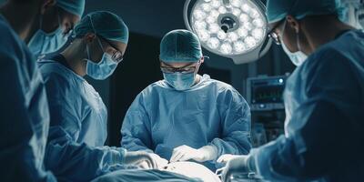 In a hightech operating room, a dedicated team of skilled surgeons is focused on a complex procedure, demonstrating precision and teamwork to ensure patient safety and optimal outcomes photo