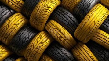 A 3D rendered image featuring a pattern of stacked yellow and black tires, showcasing intricate tread designs. photo