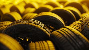 Multiple automobile tires stacked in warm, yellow lighting, suitable for automotiverelated content or design projects photo