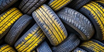 Close-up of a stack of various tires, with yellow highlights, piled together in an artistic pattern. photo
