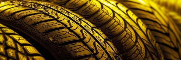 Detailed close-up of new tires showing tread patterns illuminated by yellow light, emphasizing durability. photo