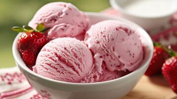 Indulge in a vegan strawberry ice cream bowl filled with freshlypicked strawberries for a light and delightful dessert. This wholesome and refreshing treat is perfect for a sweet and healthy choice photo