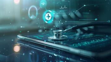 A contemporary stethoscope placed on a smartphone signifies the ongoing digital transformation in healthcare today photo