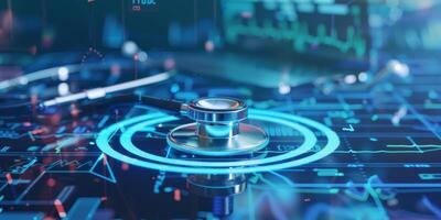 A glimpse into modern healthcare technology advancements featuring digital interfaces and a stethoscope photo