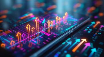 Vibrant digital financial growth depicted through rising graphs and data analytics on a virtual screen photo