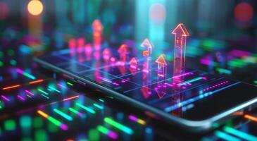 Colorful digital stock market data with upward arrows displayed on a mobile screen, representing growth. photo