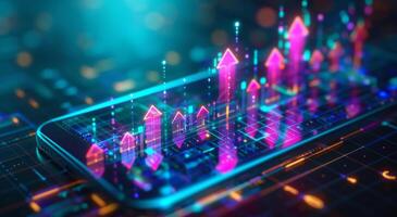 Futuristic mobile shows neon stock market data in abstract image, reflecting modern technology and finance trends photo