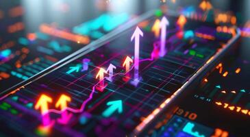 Detailed illustration displaying dynamic stock market graphs with upward trending arrows and data analysis features photo