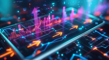 A digital interface displays visualized data using illuminated directional elements such as arrows, graphs, and charts photo