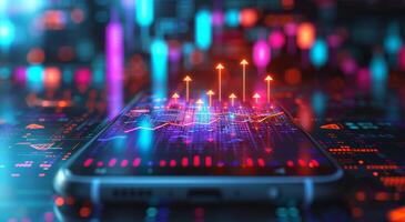 A futuristic smartphone displaying holographic financial data and glowing digital charts on a tech background. photo