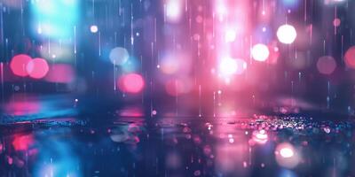 Magical urban night, colorful rain, neon lights blend with abstract bokeh, creating mesmerizing atmosphere photo