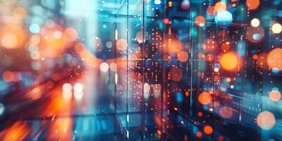 Abstract digital cityscape with glowing lights and data streams representing technology and innovation. photo