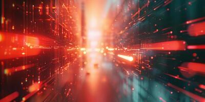 Abstract digital sci-fi background with red and cyan light trails, creating a futuristic cyber effect. photo