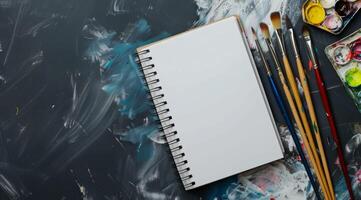 A pristine, blank sketchbook is elegantly surrounded by an array of colorful paint brushes and a lively, vibrant palette, creating an ideal environment for endless artistic inspiration and creativity photo