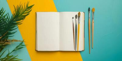 This vibrant mockup features an open sketchbook and colorful paintbrushes against a striking background, ideal for showcasing art projects and unique design work in an inspiring way photo