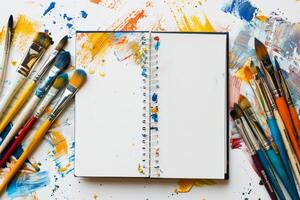 In an artists colorful workspace, an open sketchbook holds potential, vibrant brushes await ideas, and paint splatters showcase unique creativity and imaginative expression, ready to be unleashed photo