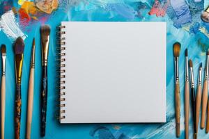 In a vibrant art scene, a pristine blank sketchpad takes center stage, encircled by a diverse array of paintbrushes, all set against a dynamic and colorful background that inspires creativity photo