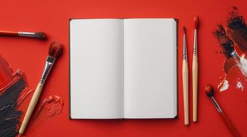 A blank notebook elegantly rests on a vivid red background, surrounded by paint brushes and colorful strokes, sparking inspiration and creativity for all artistic endeavors and expression photo