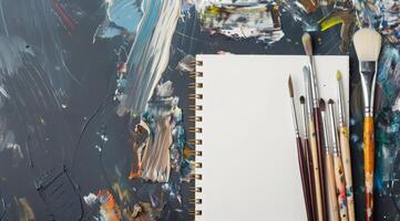 This art supplies mockup features colorful paint brushes and a blank sketchbook arranged on a vibrant palette background, designed to inspire creativity and artistic expression in viewers photo