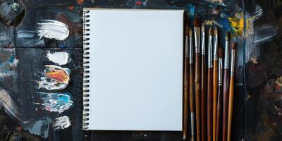 This clean sketchbook, along with paintbrushes and a vibrant palette, is a perfect canvas for artists ready to unleash their creativity in drawing, painting, and mixed media projects photo